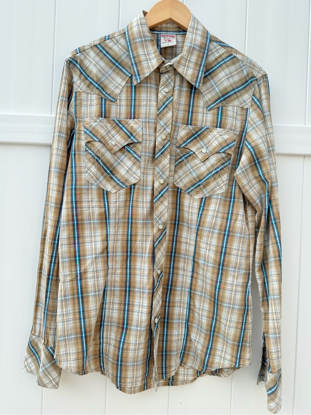 True Religion Beige and Light Blue Plaid Button-Up Shirt